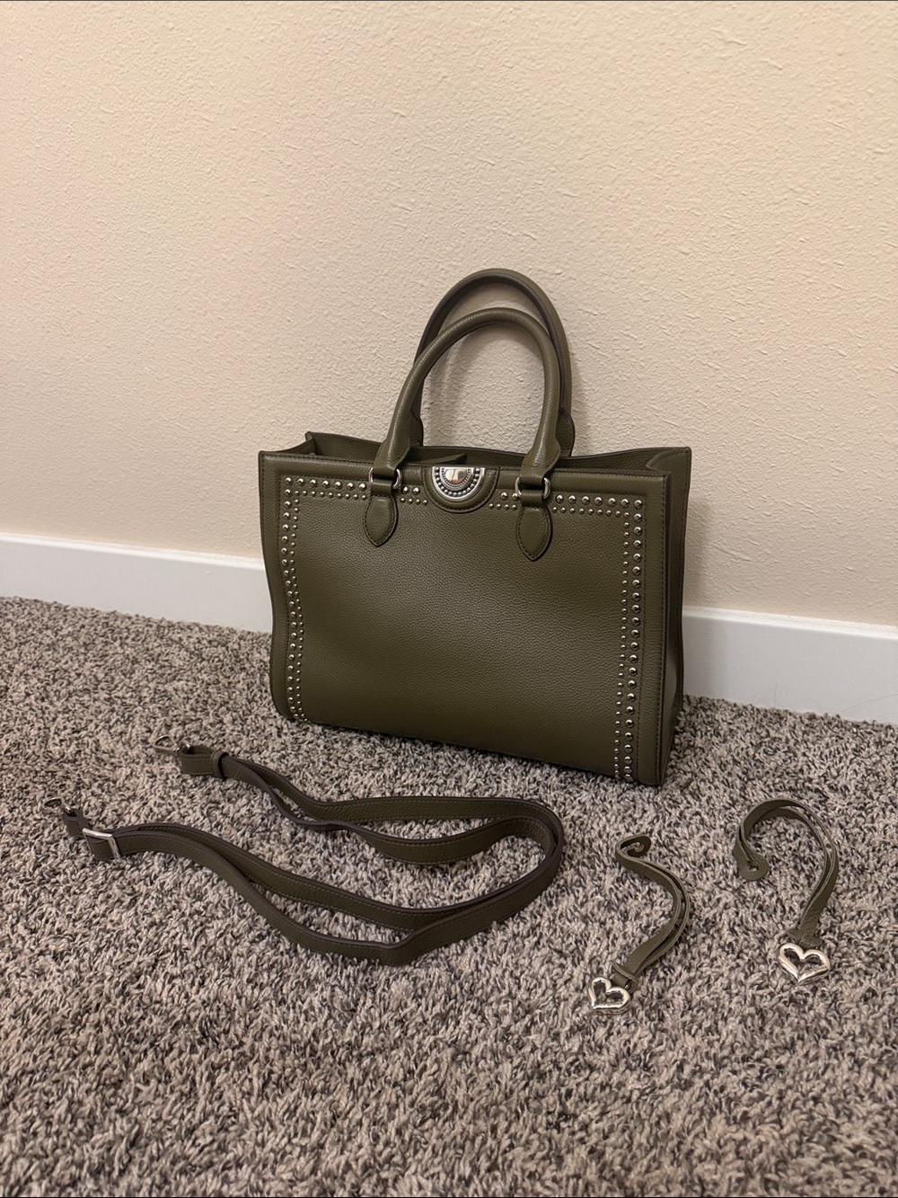 Brighton Studded Olive Green Leather Handbag with Crossbody Strap